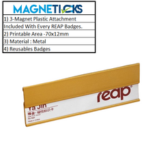 Load image into Gallery viewer, REAP 70x12mm Golden Colour Metal Premium Quality Name Badges Magnetic Back - MAGNETICKS