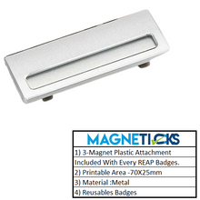 Load image into Gallery viewer, REAP 70x25mm Silver Colour Metal Reusable Name Badges with Magnetic Back - MAGNETICKS