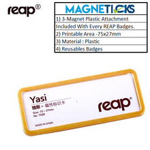 Load image into Gallery viewer, REAP 75X27mm Golden Colour Acrylic Customize Name Badges with Magnetic Back - MAGNETICKS
